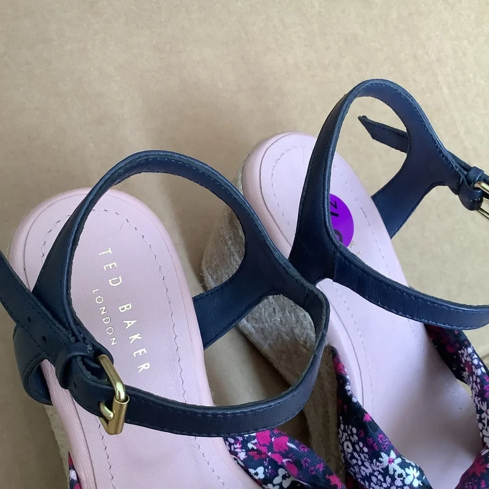 TED‎ BAKER SHOES TAYLINA FLORAL ESPADRILLE WEDGE SANDAL IN NAVY NWOT sz 6 1/2